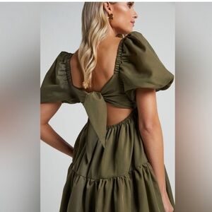 Showpo Olive Army Green Puff Sleeve Tie Back Ruffle Tiered Dress Size 6